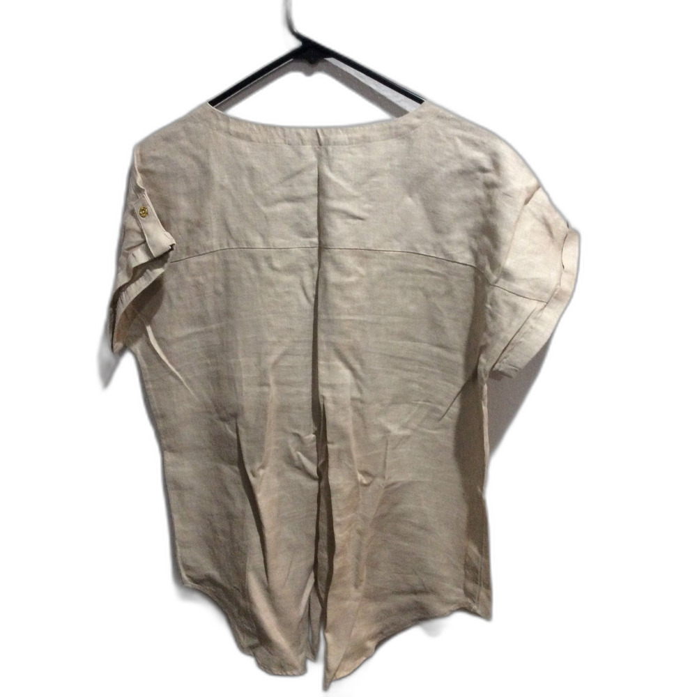 Linen short sleeve tan Large L VNC top shirt Ellen Tracy half zip front - Picture 2 of 7